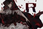  1girl bangs belt black_eyes black_hair bustier cloak closed_mouth frills holding holding_weapon hood hooded_cloak looking_at_viewer multiple_belts petals red_cape ribbon rose_petals ruby_rose rwby short_hair simple_background smile solo swept_bangs tanshi_shou text underbust weapon 