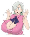  1girl absurdres bare_shoulders breasts bursting_breasts cleavage_cutout earrings elizabeth_liones female grey_eyes hair_over_one_eye highres huge_breasts jewelry long_hair midriff muronaga_chaashuu nanatsu_no_taizai necktie open_mouth silver_hair simple_background solo straining_buttons surprised upper_body wardrobe_malfunction white_background 