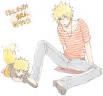  2boys blonde_hair blue_eyes family father_and_son fox_tail jewelry lowres male_focus multiple_boys namikaze_minato naruto necklace shirt shueisha striped striped_shirt tail terragin translation_request uzumaki_naruto younger 
