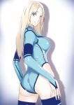  1girl ass blonde_hair breasts hand_on_hips large_breasts leotard looking_back metroid samus_aran shadow simple_background skin_tight solo thigh-highs white_background 