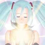  1girl blue_hair calborn closed_eyes detached_sleeves glowing hatsune_miku sleeveless solo twintails vocaloid 