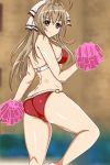  1girl ahoge amagi_brilliant_park antenna_hair ass bikini blush breasts brown_eyes brown_hair curvy hair_ribbon highres large_breasts long_hair navel o-ring_bottom pom_poms ponytail red_bikini ribbon sento_isuzu shiny shiny_skin solo standing swimsuit thighs tranquilizer_(bestcenter) yellow_eyes 