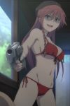  angry asami_lilith bikini blue_eyes braid breasts gun hat large_breasts long_hair looking_at_viewer midriff navel open_mouth red_bikini redhead screencap sideboob single_braid swimsuit trinity_seven under_boob weapon 