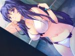  1girl bath bathroom bikini blush breasts busou_shoujotai_blade_briders game_cg large_breasts legs long_hair looking_at_viewer min-naraken navel purple_hair shower smile standing swimsuit thighs violet_eyes wet 