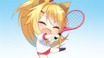  1girl amagi_karin animal_ears blonde_hair closed_eyes fox_ears game_cg long_hair magical_marriage_lunatics!! moonstone ribbon tennis yamakaze_ran 