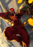  1boy belt belt_buckle bodysuit deadpool emblem gun jintetsu male_focus marvel mask muscle solo sword weapon 