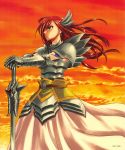  1girl armor belt breastplate erza_scarlet fairy_tail gauntlets hair_ornament long_hair long_skirt mashima_hiro official_art redhead shoulder_pads skirt solo sunset sword tattoo weapon 