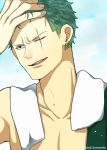  1boy curry_gohan green_hair male_focus one-eyed one_piece roronoa_zoro smile solo topless wet 