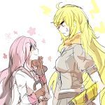  2girls angry blonde_hair breasts female gloves height_difference long_hair multiple_girls neo_(rwby) rwby smile umbrella white_background yang_xiao_long 