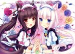  2girls absurdres animal_ears bell black_hair blue_eyes blush brown_eyes cat_ears chocola_(sayori) flower hand_holding highres interlocked_fingers long_hair looking_at_viewer maid maid_headdress multiple_girls open_mouth original pink_hair rose sayori slit_pupils twintails vanilla_(sayori) 