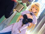  1girl angelica_rothschild blonde_hair blush book breasts bridal_veil bride cleavage dress elbow_gloves elf game_cg gloves green_eyes happy himekishi_angelica ishigaki_takashi large_breasts long_hair open_mouth pointy_ears priest smile standing veil wedding 