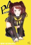  1girl all_fours artist_request atlus breasts brown_hair cute full_body kujikawa_rise looking_at_viewer megami_tensei moe open_mouth persona persona_4 school_uniform solo thigh-highs twintails yellow_background 