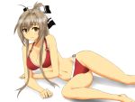  1girl ahoge amagi_brilliant_park barefoot bikini blush breasts brown_eyes brown_hair cleavage hair_ribbon large_breasts legs long_hair navel o-ring_bottom o-ring_top ponytail ribbon sento_isuzu solo swimsuit thighs white_background yellow_eyes 