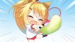  1girl amagi_karin animal_ears blonde_hair closed_eyes fox_ears game_cg long_hair magical_marriage_lunatics!! moonstone ribbon tennis yamakaze_ran 