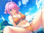  1girl bare_shoulders bikini blue_eyes blush breasts busou_shoujotai_blade_briders clouds game_cg giantess large_breasts looking_away min-naraken navel ocean pink_hair short_hair sky solo swimsuit water wet wince 