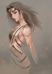  1girl bandage bare_shoulders black_hair breasts fishnets forehead_protector grey_background highres long_hair mike_nesbitt naruto solo toned vashperado yuuhi_kurenai 