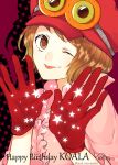  1girl birthday brown_eyes brown_hair bust character_name curry_gohan dated female gloves goggles goggles_on_hat happy_birthday hat koala_(one_piece) looking_at_viewer one_eye_closed one_piece red_gloves red_hat red_headwear short_hair solo star_(symbol) tongue wink 
