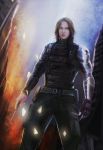  1boy blue_eyes brown_hair captain_america_the_winter_soldier harness james_buchanan_barnes knife male_focus marvel mcu prosthesis prosthetic_arm solo spark star weapon 