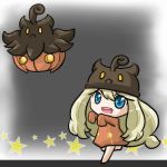  10s 1girl animated animated_gif blonde_hair blue_eyes chasing fangs halloween hat long_hair long_sleeves open_mouth pokemon pokemon_(game) pokemon_xy pumpkaboo pumpkaboo_(cosplay) pumpkin running serena_(pokemon) sleeves_past_wrists smile solo star yellow_eyes 