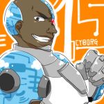  1boy bald brown_eyes cartoon_network character_name cyborg cyborg_(dc) dark_skin dc_comics glowing glowing_eye heterochromia kuraco one-eyed orange_background red_eyes smile solo teen_titans teeth victor_stone 