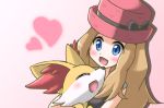  1girl blonde_hair blue_eyes blush braixen happy hat heart long_hair open_mouth pokemon pokemon_(anime) ribbon serena_(pokemon) smile 
