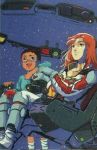  1boy 1girl 80s alfred_izuruha brown_hair child christina_mackenzie cockpit gundam gundam_0080 lowres mikimoto_haruhiko official_art pilot_suit redhead sitting 