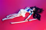  1girl black_hair cosplay junketsu kill_la_kill kiryuuin_satsuki long_hair lying photo solo sword weapon 
