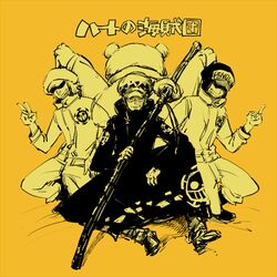  3boys bear bepo colt_stupid earflap_hat hat hat_over_eyes heart_pirates jacket multiple_boys nodachi one_piece penguin_(one_piece) shachi_(one_piece) sheathed_weapon smile sword trafalgar_law v weapon 