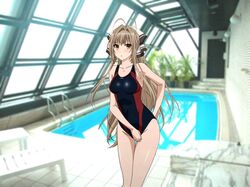  1girl ahoge amagi_brilliant_park antenna_hair blush breasts brown_eyes brown_hair competition_swimsuit hair_ribbon highres long_hair one-piece_swimsuit open_mouth ponytail pool poolside rei_no_pool ribbon sento_isuzu shiny shiny_skin solo standing swimsuit thighs water yellow_eyes 