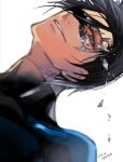  10s 1boy 2014 batman_(series) black_hair blue_eyes broken_mask dated dc_comics dick_grayson domino_mask hh_(hhsis2) male_focus mask nightwing simple_background smile solo 