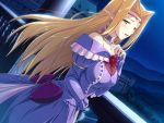  1girl bare_shoulders blonde_hair blush breasts castle christina_rothschild dress elf game_cg green_eyes himekishi_angelica ishigaki_takashi large_breasts long_hair looking_at_viewer milf night open_mouth pointy_ears sky solo standing star 