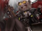  1girl alcohol bangs bottle breasts bullpup choker commission cup curtains double_bun drinking_glass eyebrows_visible_through_hair eyewear_on_head fingerless_gloves girls_frontline gloves gun highres jacket knees_up light_brown_hair looking_at_viewer medium_breasts open_mouth p90 p90_(girls&#039;_frontline) raiyo_(pixiv16261673) red_eyes short_hair skeb_commission smile solo submachine_gun sunglasses thigh-highs thigh_strap weapon wine wine_bottle wine_glass 