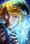  1boy blonde_hair blue_eyes fairy fingerless_gloves gloves glowing hat instrument kuroi-tsuki link navi the_legend_of_zelda the_legend_of_zelda:_ocarina_of_time 