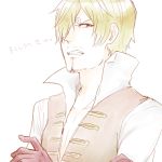  1boy blonde_hair blue_eyes crossed_arms curry_gohan frown gloves hair_over_one_eye looking_at_viewer male_focus one_piece one_piece_film_z sanji solo vest 