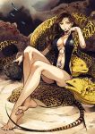  1girl animal bangs barefoot breasts brown_hair center_opening cleavage earrings fish jewelry large_breasts long_hair looking_at_viewer makeup moray_eel navel_piercing one-piece_swimsuit solo stingray swimsuit tail ttk_(ehohmaki) underwater 