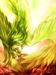  1boy 1girl blonde_hair donquixote_doflamingo donquixote_pirates feathers green_hair harpy kamuna8046z monet_(one_piece) monster_girl one_piece shichibukai sunglasses wings 