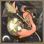  ahoge blush blush_stickers broom character_name crescent_moon error fangs ghost gourgeist hair_over_one_eye halloween happy_halloween hat jack-o&#039;-lantern long_hair moon night nintendo no_humans noto-kanna pink_hair pokemon prehensile_hair pumpkin ribbon sky star typo witch_hat yellow_eyes 