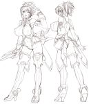  1girl azanami_(pso2) bare_shoulders breasts detached_sleeves female high_heels highres huge_breasts leotard monochrome multiple_persona open_mouth phantasy_star phantasy_star_online_2 ponytail shoes short_hair short_ponytail simple_background sketch standing taro thigh-highs white_background 