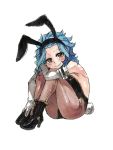  1girl blue_hair boots bunnysuit curly_hair elbow_gloves fairy_tail gloves high_heel_boots high_heels knees_together levy_mcgarden looking_at_viewer rusky simple_background smile solo white_background 