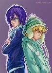  2boys alempe child male_focus multiple_boys noragami simple_background standing yato_(noragami) yukine_(noragami) 