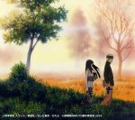  1boy 1girl bare_shoulders black_hair blonde_hair boots field headband hime_cut hyuuga_hinata naruto naruto:_the_last official_art scenery sleeveless tree uzumaki_naruto walking whiskers 