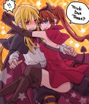  2girls blonde_hair blue_eyes blush brown_hair costume couple devil embarrassed fang fate_testarossa female hair_ornament halloween hug long_hair looking_at_another lyrical_nanoha mahou_senki_lyrical_nanoha_force mahou_shoujo_lyrical_nanoha mahou_shoujo_lyrical_nanoha_strikers mahou_shoujo_lyrical_nanoha_vivid multiple_girls ponytail red_eyes smile takamachi_nanoha vampire very_long_hair wavy_mouth yakisoba_(ya_kiso_ba) yuri 