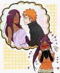  1boy 1girl bleach blush dreaming drooling heart kurosaki_ichigo naked_towel orange_hair purple_hair shihouin_yoruichi tagme thought_bubble towel yellow_eyes 