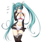  1girl aqua_eyes aqua_hair asakura_ryou_(artist) bare_shoulders black_legwear boots breasts cleavage elbow_gloves gloves goodsmile_company hair_ribbon hard_translated hatsune_miku headphones long_hair looking_at_viewer navel racequeen ribbon simple_background smile solo tears thigh-highs thigh_boots thigh_gap thighs translated twintails very_long_hair vocaloid 