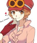  1girl book brown_eyes curry_gohan gloves goggles goggles_on_headwear hat koala_(one_piece) one_piece ruffled_shirt short_hair smile solo 