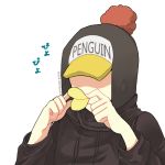  1boy chips curry_gohan earflap_hat food hat hat_over_eyes hat_pompom heart_pirates jumpsuit male_focus one_piece penguin_(one_piece) pringles solo 