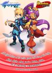  1boy 1girl artist_request azure_striker_gunvolt bandanna blonde_hair blue_eyes breasts cleavage crossover dark_skin earrings gunvolt hat jewelry looking_at_viewer official_art pirate pirate_hat pointy_ears ponytail purple_hair shantae shantae_(character) sword weapon 