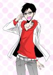  1boy adjusting_glasses batman_(series) belt black_hair blazer dc_comics dick_grayson glasses hood hoodie male_focus open_mouth polka_dot polka_dot_background smile solo sunglasses white_belt 