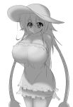  1girl bare_shoulders breasts curvy dress female goshiro_collection hat highres huge_breasts long_hair long_twintails monochrome moralgear original oshiro_project simple_background solo standing sundress twintails very_long_hair white_background 