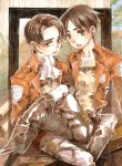  2boys blush brown_hair child eren_yeager levi_(shingeki_no_kyojin) male_focus multiple_boys salahime shingeki_no_kyojin short_hair sitting yaoi younger 